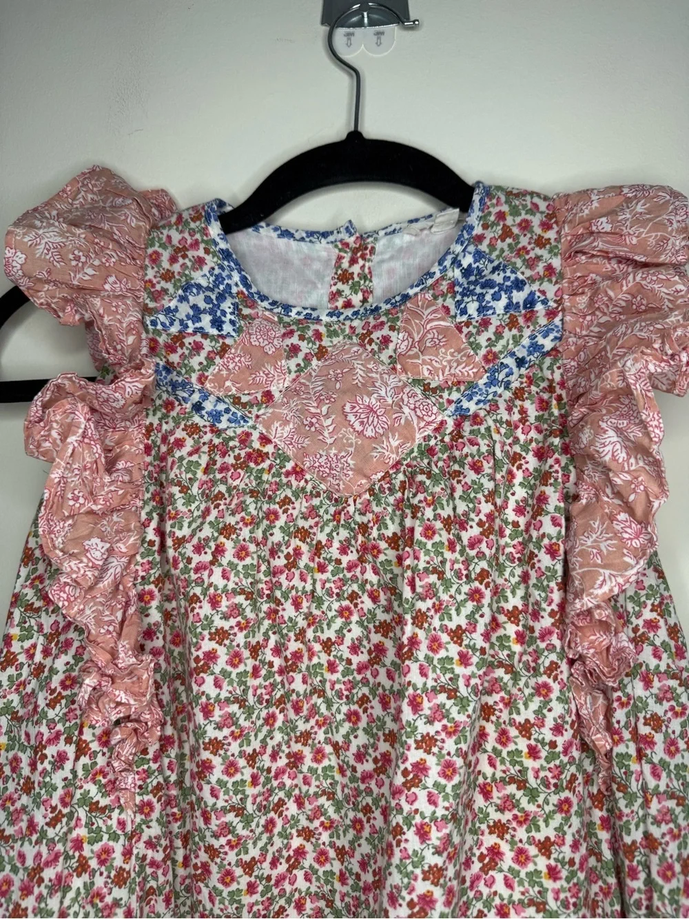 LOUISE MISHA Jyoti Multicolor Patchwork Boho Ruffle Flowy Cotton Dress